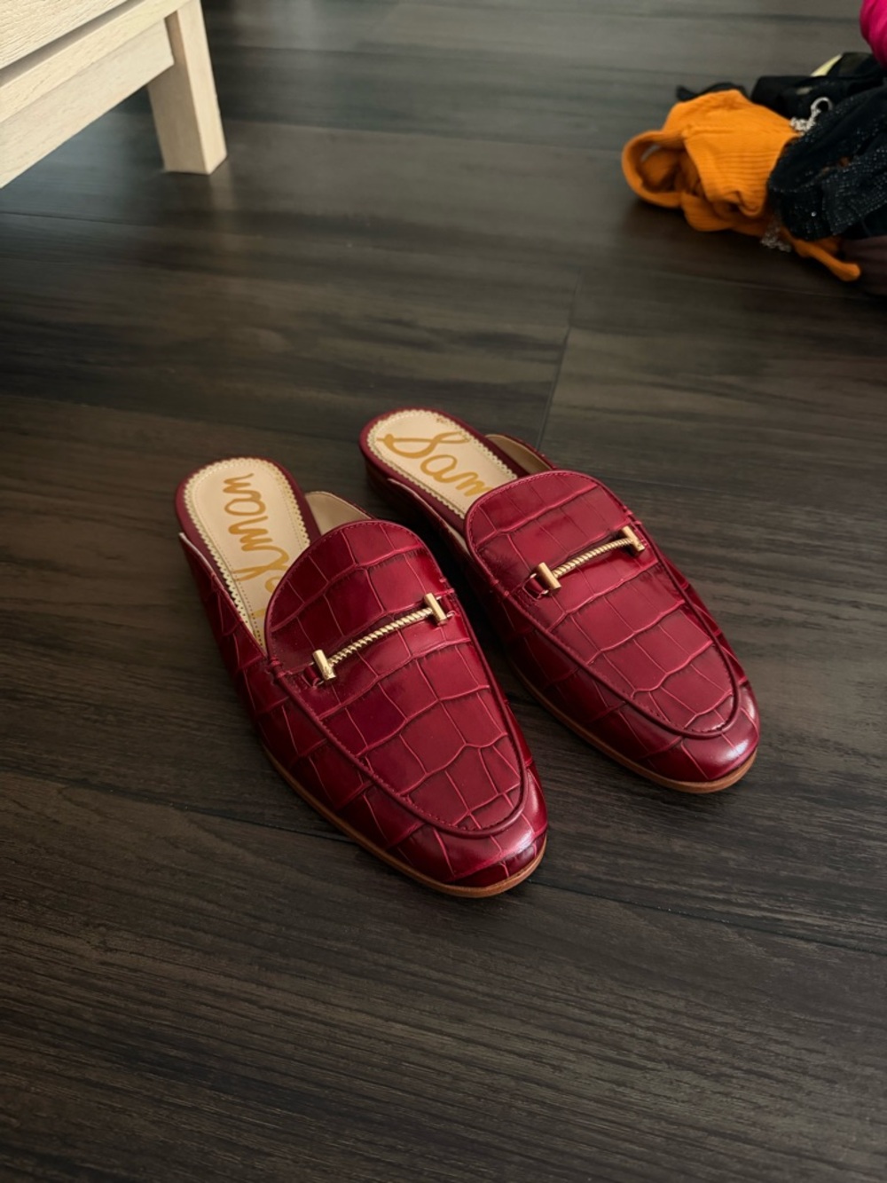 Sam Edelman Wine Croc-Embossed Leather Slip-On Loafers with Gold Bit